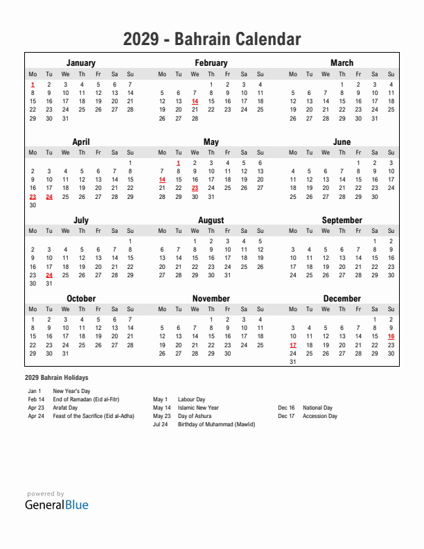 Year 2029 Simple Calendar With Holidays in Bahrain