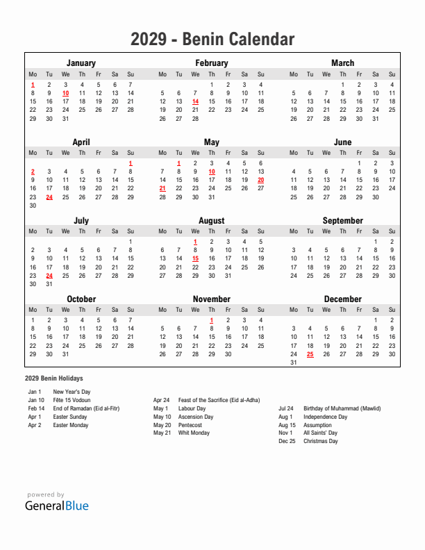 Year 2029 Simple Calendar With Holidays in Benin
