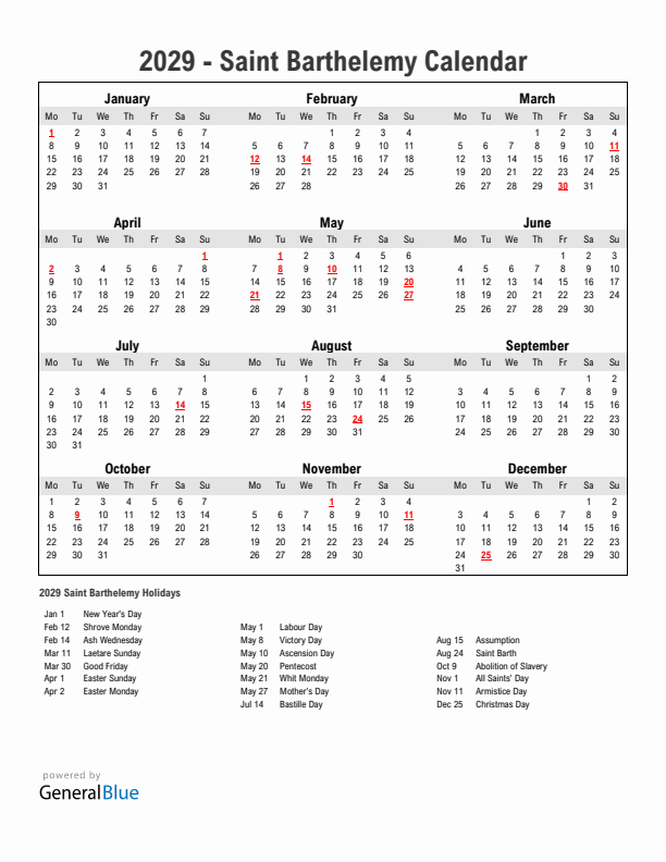 Year 2029 Simple Calendar With Holidays in Saint Barthelemy