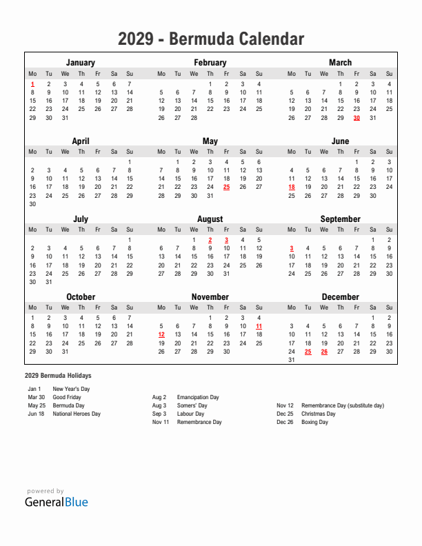 Year 2029 Simple Calendar With Holidays in Bermuda