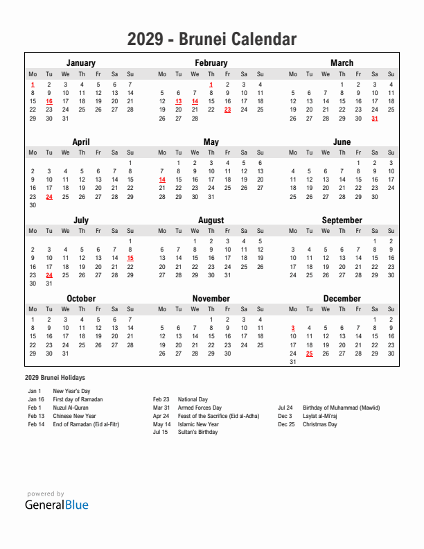 Year 2029 Simple Calendar With Holidays in Brunei
