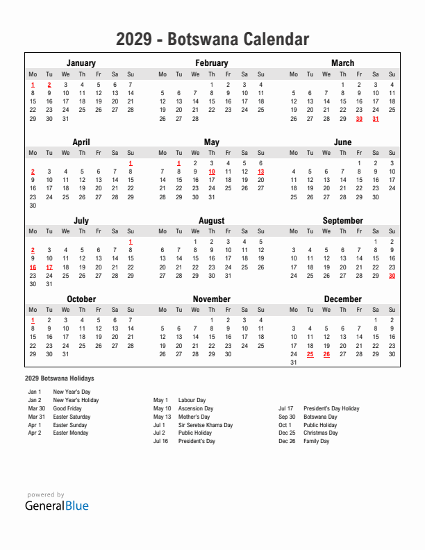 Year 2029 Simple Calendar With Holidays in Botswana