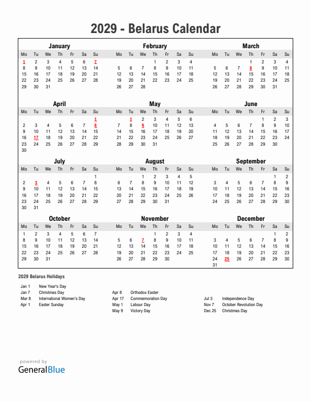 Year 2029 Simple Calendar With Holidays in Belarus
