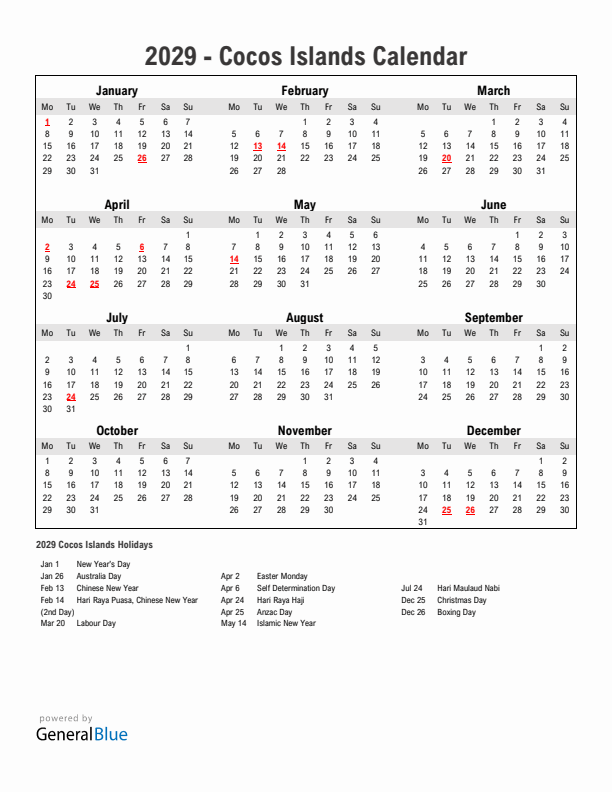 Year 2029 Simple Calendar With Holidays in Cocos Islands
