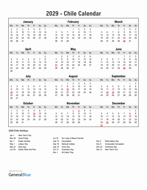 Year 2029 Simple Calendar With Holidays in Chile