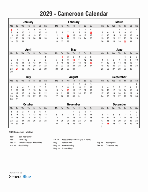 Year 2029 Simple Calendar With Holidays in Cameroon