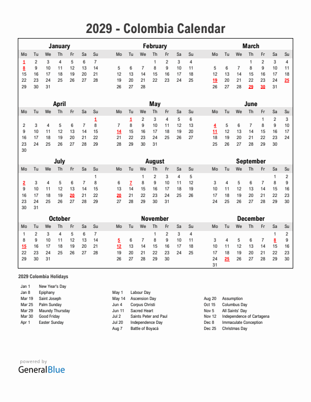 Year 2029 Simple Calendar With Holidays in Colombia