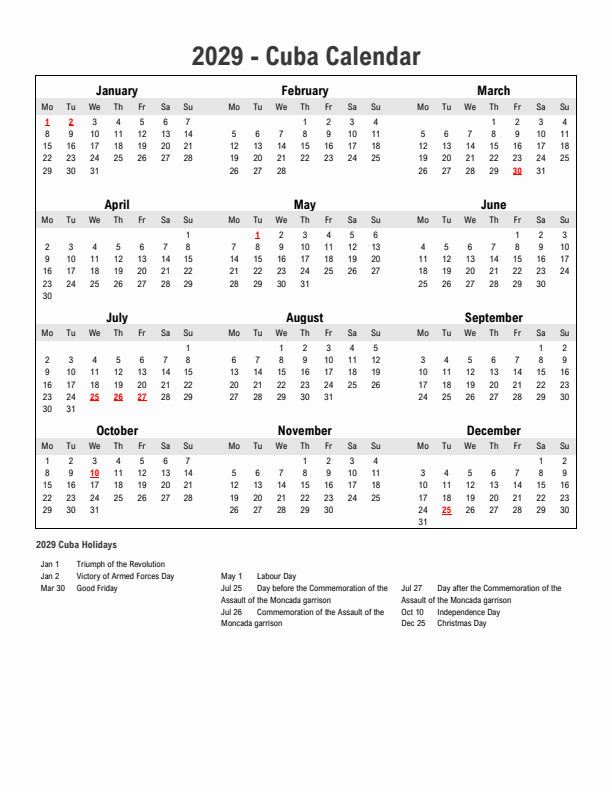 Year 2029 Simple Calendar With Holidays in Cuba