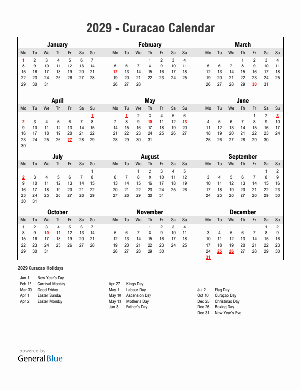 Year 2029 Simple Calendar With Holidays in Curacao