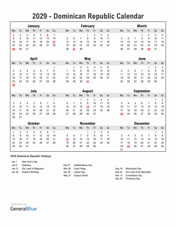 Year 2029 Simple Calendar With Holidays in Dominican Republic