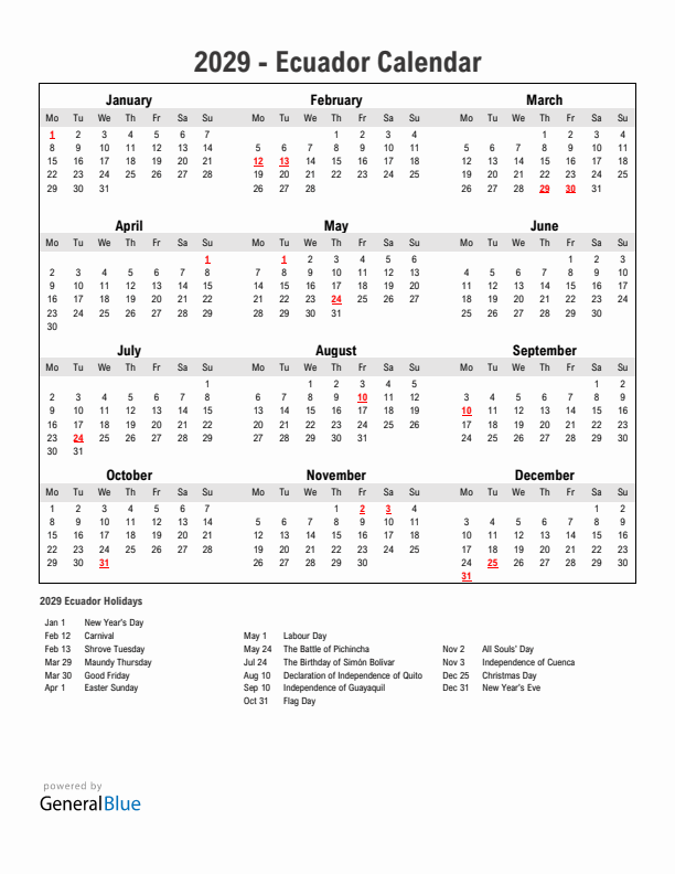 Year 2029 Simple Calendar With Holidays in Ecuador