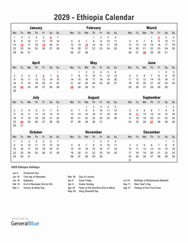 Year 2029 Simple Calendar With Holidays in Ethiopia