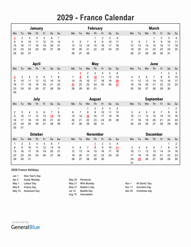 Year 2029 Simple Calendar With Holidays in France