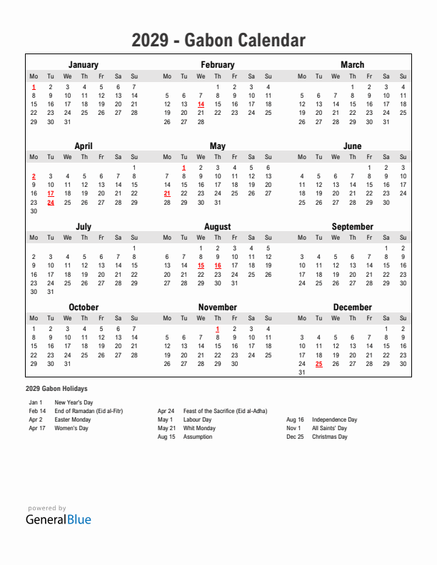 Year 2029 Simple Calendar With Holidays in Gabon