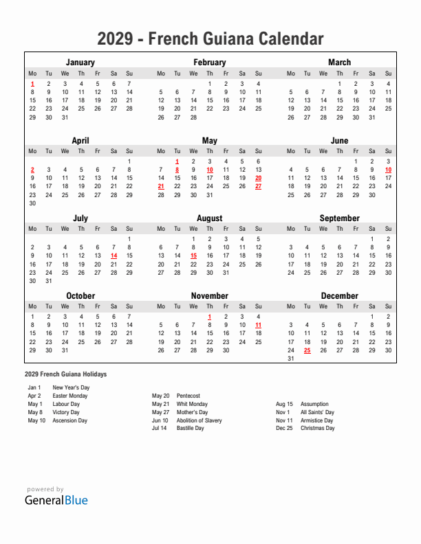 Year 2029 Simple Calendar With Holidays in French Guiana