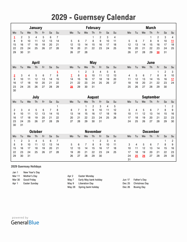 Year 2029 Simple Calendar With Holidays in Guernsey