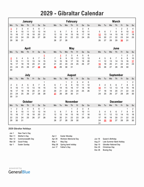 Year 2029 Simple Calendar With Holidays in Gibraltar