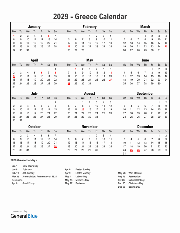 Year 2029 Simple Calendar With Holidays in Greece