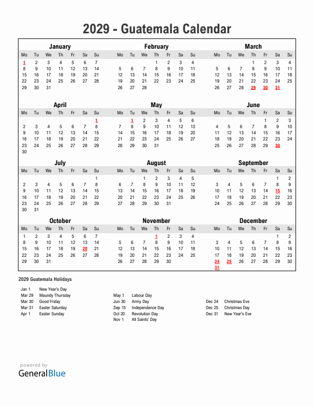 Year 2029 Simple Calendar With Holidays in Guatemala