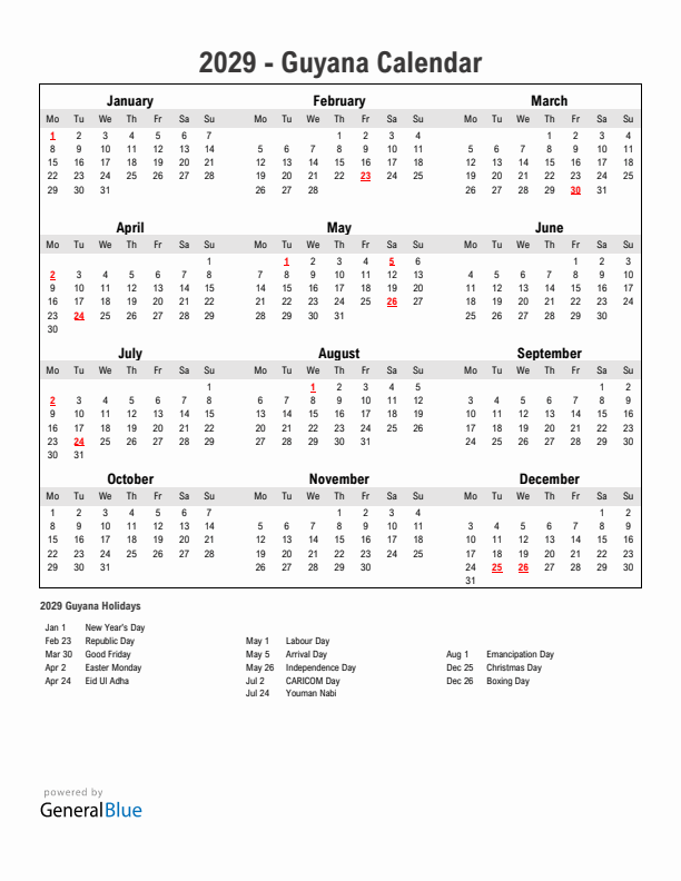 Year 2029 Simple Calendar With Holidays in Guyana
