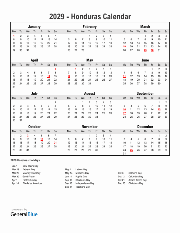 Year 2029 Simple Calendar With Holidays in Honduras