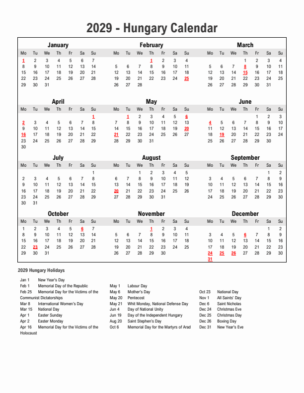 Year 2029 Simple Calendar With Holidays in Hungary