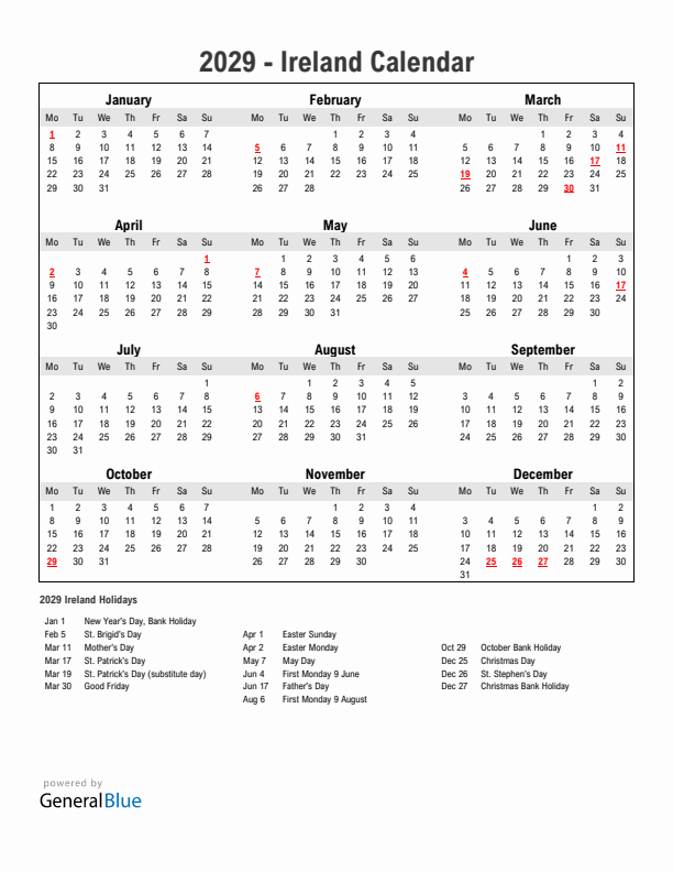 Year 2029 Simple Calendar With Holidays in Ireland