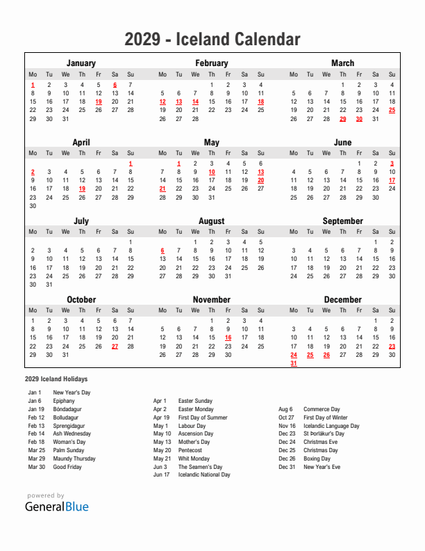 Year 2029 Simple Calendar With Holidays in Iceland