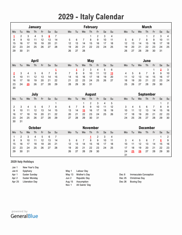 Year 2029 Simple Calendar With Holidays in Italy