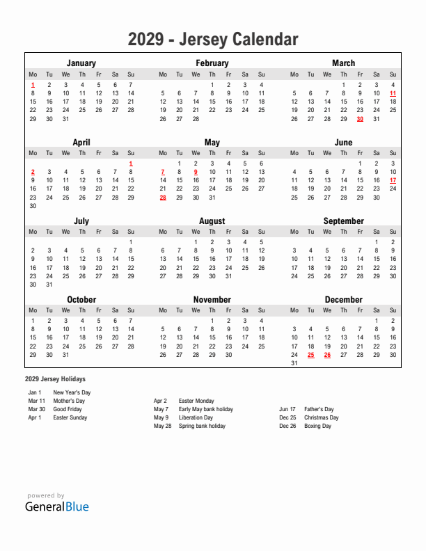 Year 2029 Simple Calendar With Holidays in Jersey