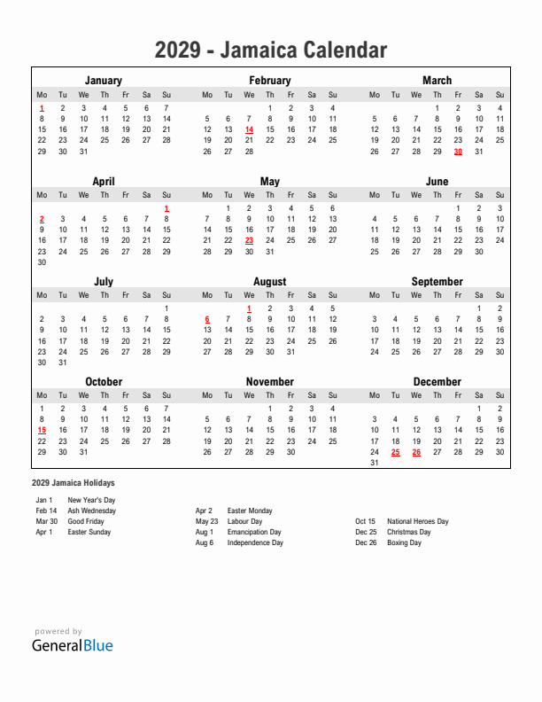Year 2029 Simple Calendar With Holidays in Jamaica