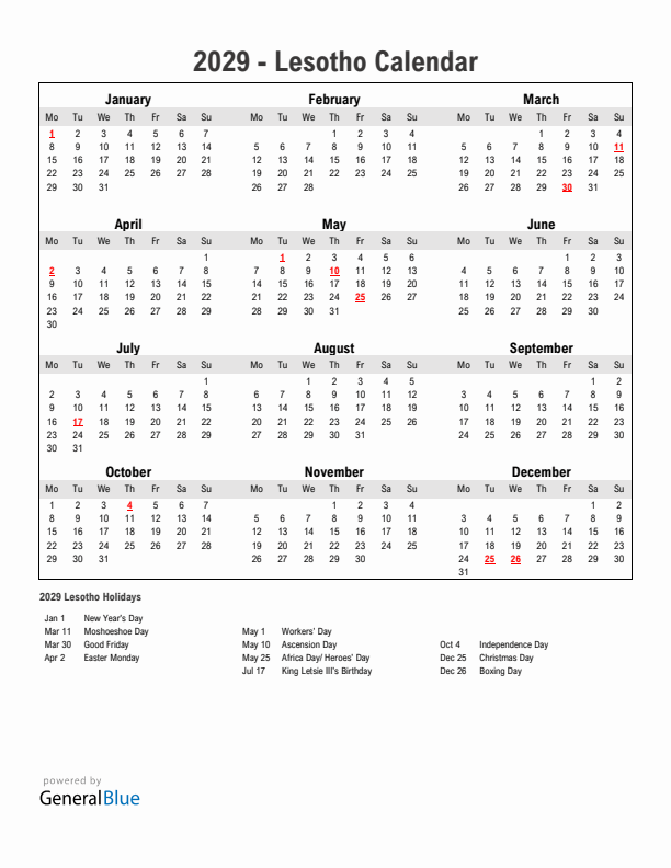 Year 2029 Simple Calendar With Holidays in Lesotho