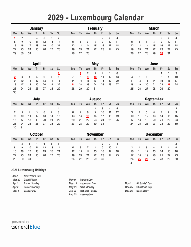 Year 2029 Simple Calendar With Holidays in Luxembourg