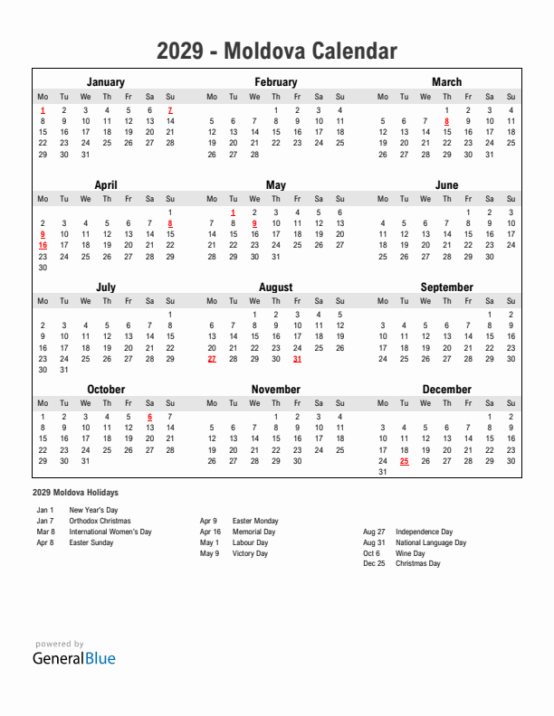 Year 2029 Simple Calendar With Holidays in Moldova
