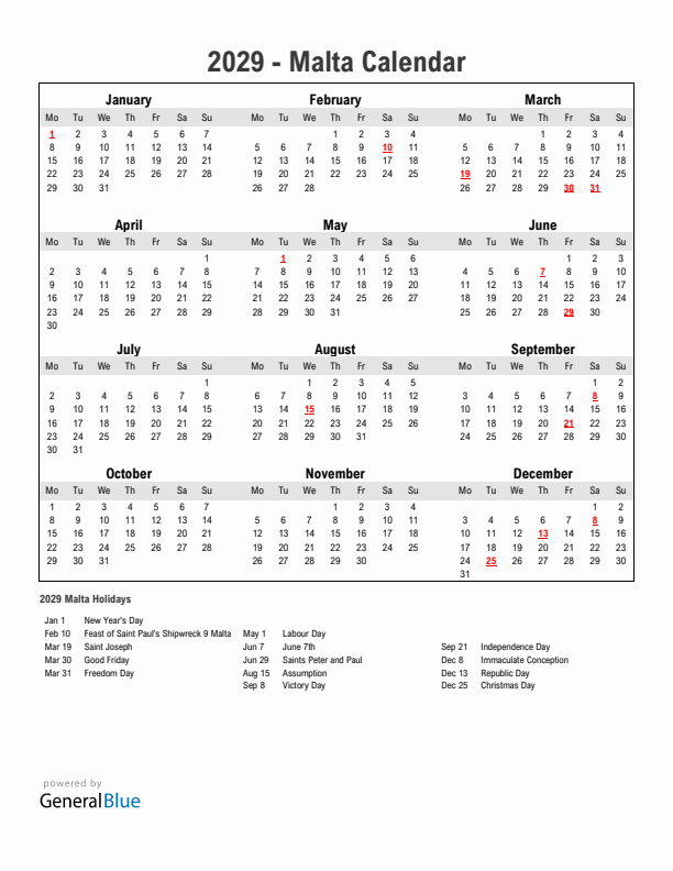 Year 2029 Simple Calendar With Holidays in Malta