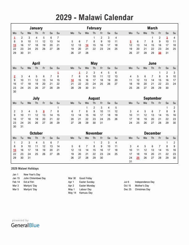 Year 2029 Simple Calendar With Holidays in Malawi