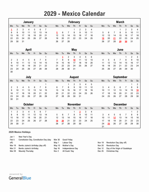 Year 2029 Simple Calendar With Holidays in Mexico