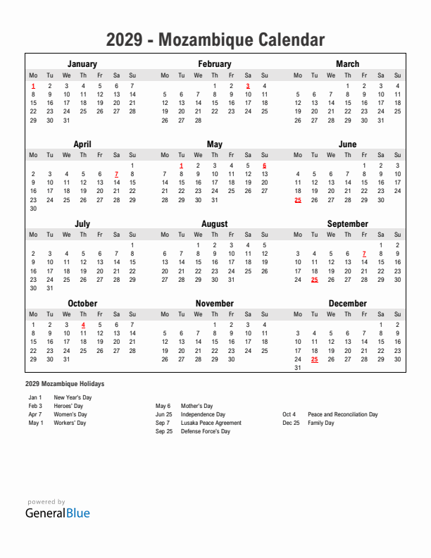 Year 2029 Simple Calendar With Holidays in Mozambique