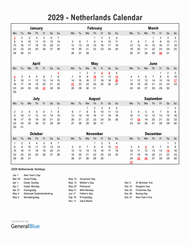 Year 2029 Simple Calendar With Holidays in The Netherlands