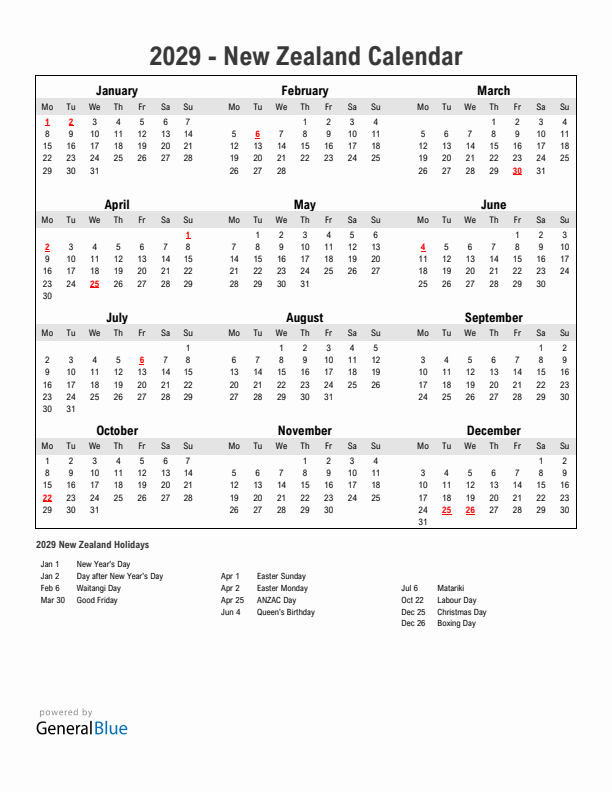 Year 2029 Simple Calendar With Holidays in New Zealand