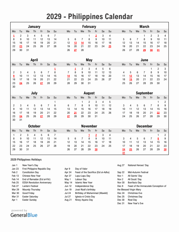 Year 2029 Simple Calendar With Holidays in Philippines