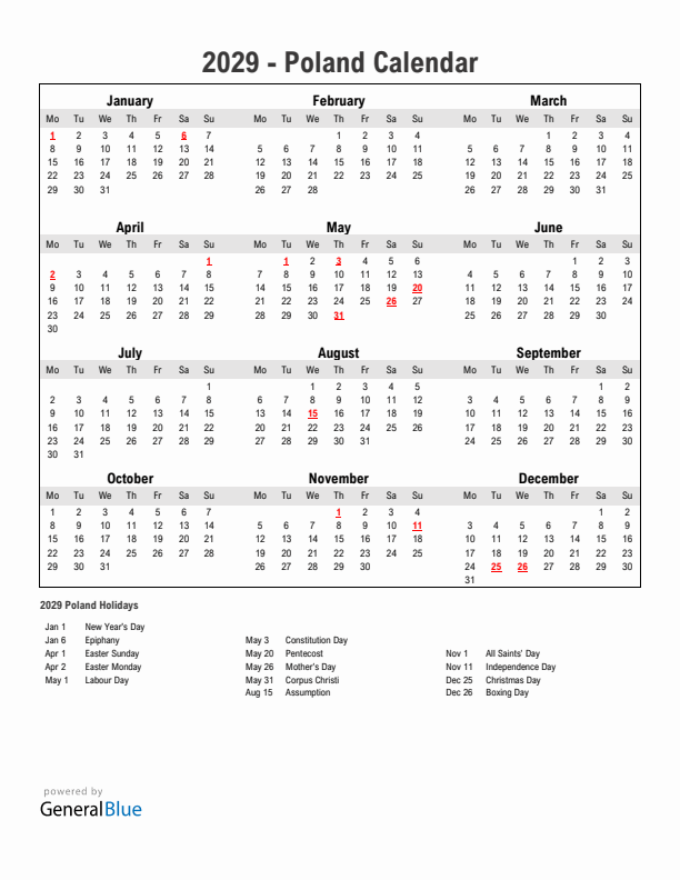 Year 2029 Simple Calendar With Holidays in Poland