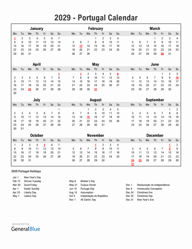 Year 2029 Simple Calendar With Holidays in Portugal