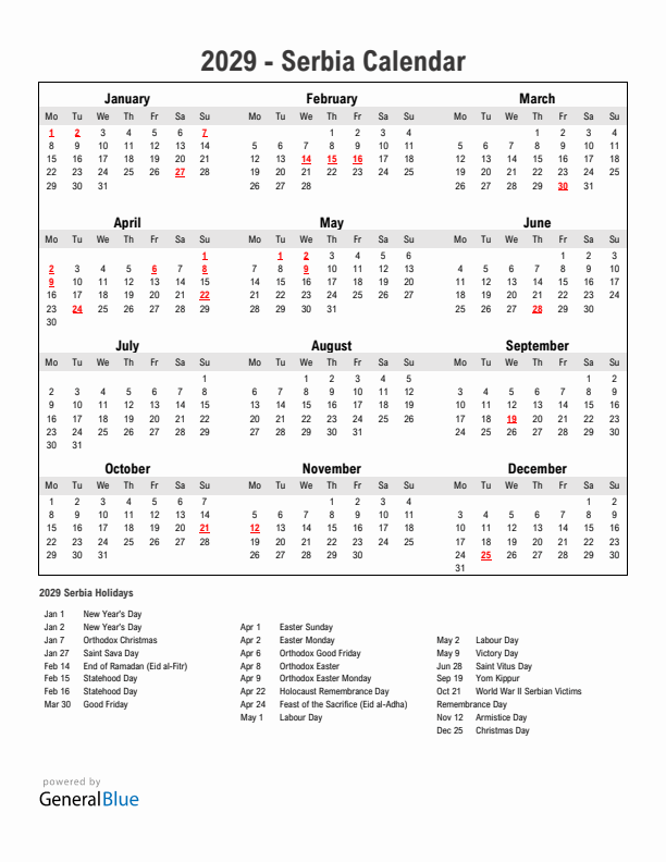 Year 2029 Simple Calendar With Holidays in Serbia