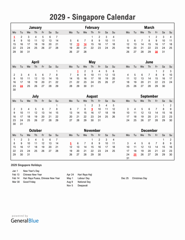 Year 2029 Simple Calendar With Holidays in Singapore