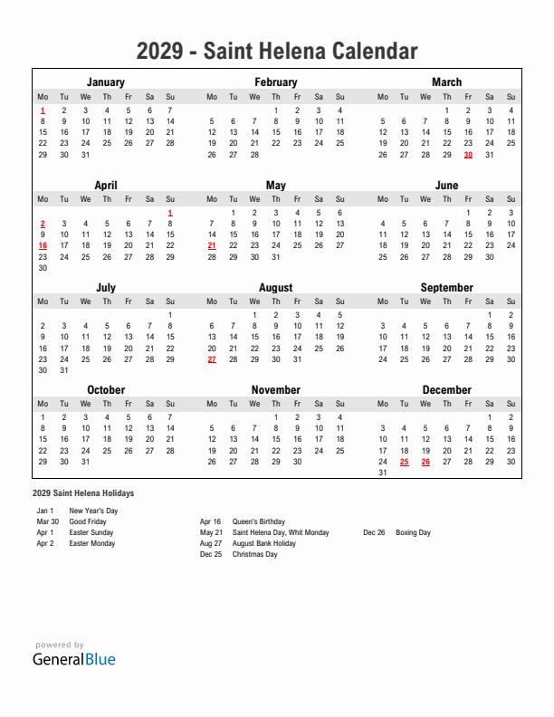 Year 2029 Simple Calendar With Holidays in Saint Helena
