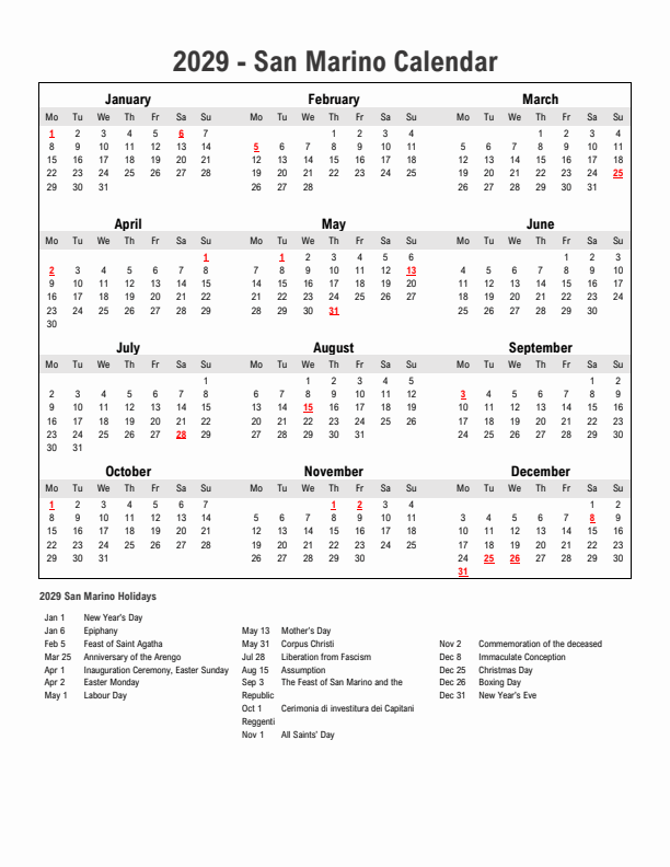 Year 2029 Simple Calendar With Holidays in San Marino