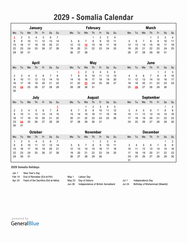 Year 2029 Simple Calendar With Holidays in Somalia