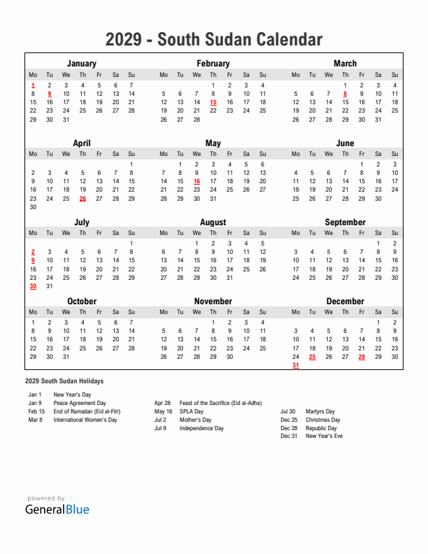 Year 2029 Simple Calendar With Holidays in South Sudan