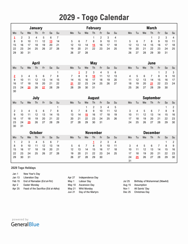 Year 2029 Simple Calendar With Holidays in Togo